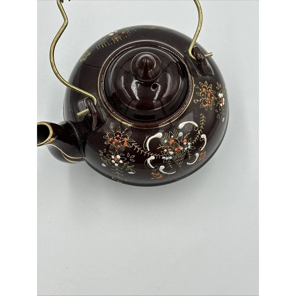 VTG Japanese Brown Moriage Floral Teapot w/ Metal Spring Handle Ceramic 3 Footed